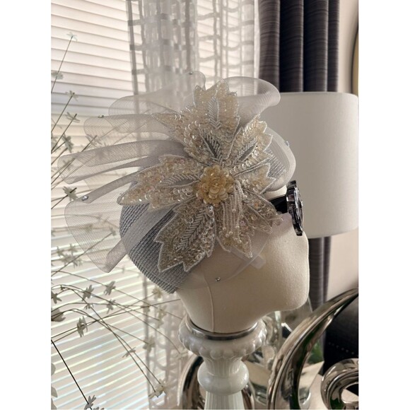 Embellished Asymmetrical Silver Straw Statement Fascinator Hat main image 7